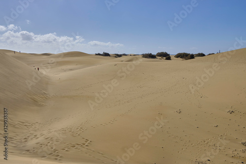 Scenic view of Maspalomas sand dunes on seacoast in Gran Canaria island in Canary islands in Spain. Beautiful summer sunny look of white sand and sea on paradise island in Atlantic ocean.