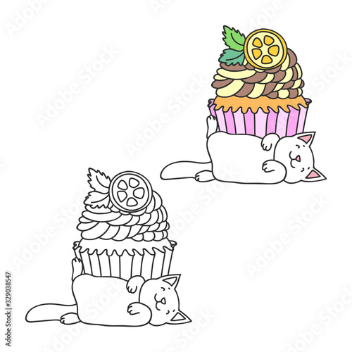 Cupcake and kitten. Cute illustrations (colored and black-n-white) of a  a little white kitten sleeping in front of a lemon cupcake. Objects isolated on white. Vector 8 EPS.