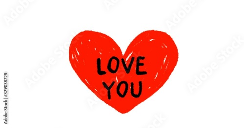 Hand drawn animation of illustration of heart with words Love You. Frame by frame animation in doodle style.