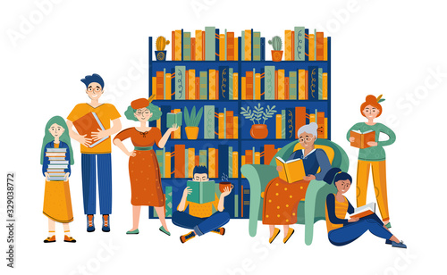 Literary fans. Family in the home library reading books. People of different genders and ages like to read books. Funny cartoon characters next to the bookcase. Hand drawn vector illustration.