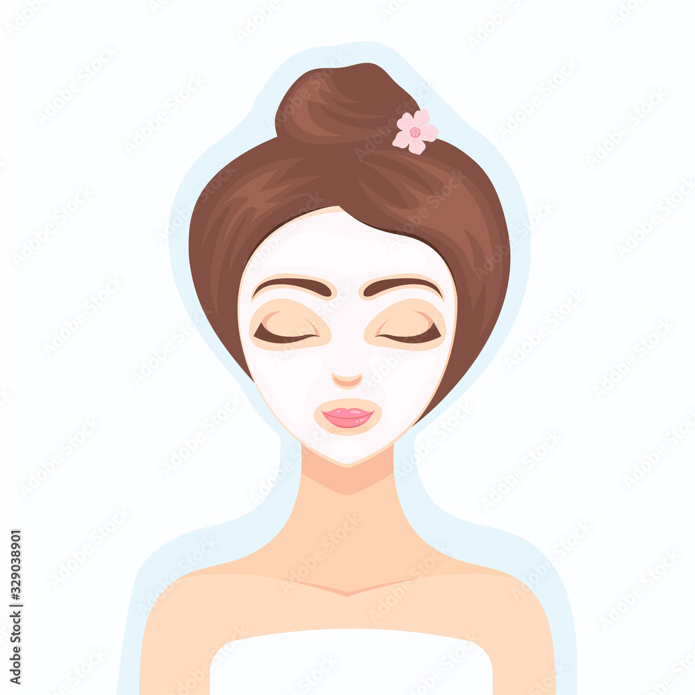 Beautiful girl performs a cosmetic procedure using a collagen face mask. Collagen cosmetics. Cosmetic skin care mask for the face. Beauty treatment. Vector flat illustration. Beautiful girl performs a cosmetic procedure using a collagen face mask. Collagen cosmetics. Cosmetic skin care mask for the face. Beauty treatment. Vector flat illustration.
