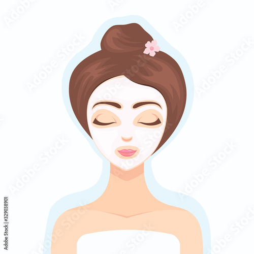 Beautiful girl performs a cosmetic procedure using a collagen face mask. Collagen cosmetics. Cosmetic skin care mask for the face. Beauty treatment. Vector flat illustration.