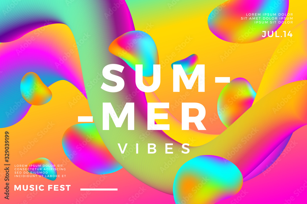 Fototapeta Summer abstract gradient background. Fluid colorful shapes composition. Music fest banner.