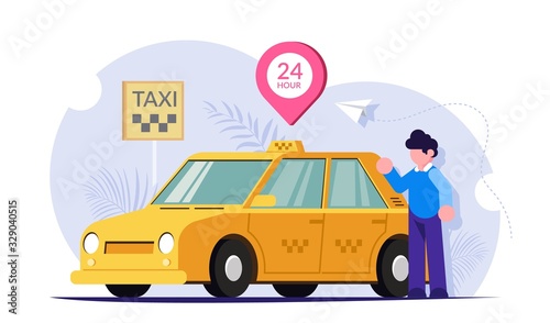 Taxi online 24 hours a day. The driver or customer near the yellow car. The 24-hour service is working. Modern flat vector illustration.