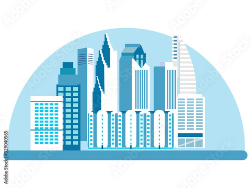 City  high rise buildings  streets. View of the attraction  logo. In minimalist style. Cartoon flat raster