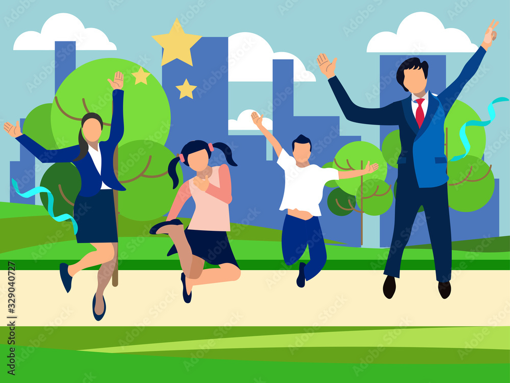 Obraz premium Background park, a joyful family jumping. Mom dad and two children. In minimalist style. Cartoon flat raster