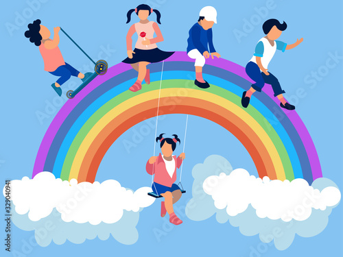 Kindergarten, children are sitting on a rainbow. In minimalist style Cartoon flat raster