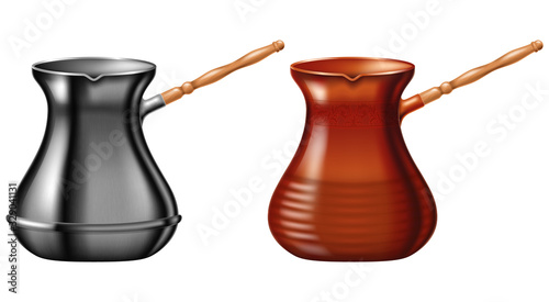 Set of turkish cezve in two versions - cooper and steel. Vector illustration.