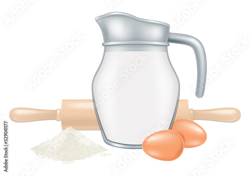 Jar of milk with rolling pin and two eggs. Vector illustration.