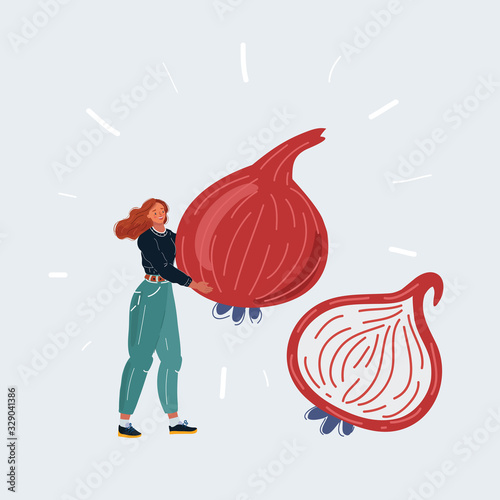 Woman hold big giant onion in her hands. Human character on white.