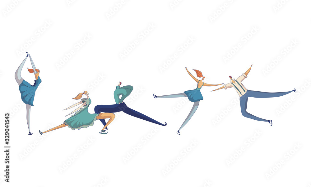 Obraz premium People Having Figure Skating Championship Performing Professional Motions Vector Set