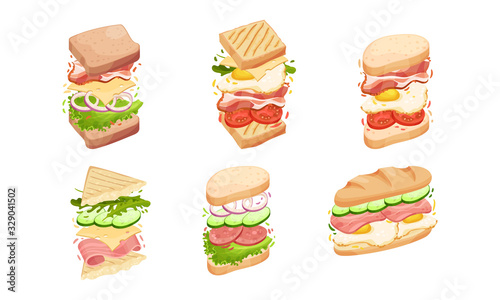 Sandwiches with Multiple Layers Isolated on White Background Vector Set