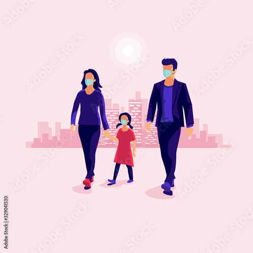 Family walking and wearing protection medical face mask to protect against virus. Man woman and child with fear and protection on head. Pink vector illustration with city skyline in the background.