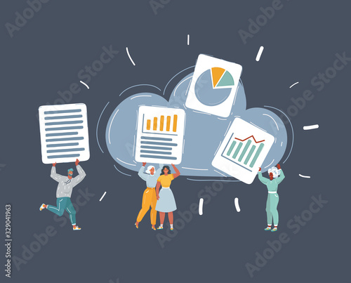 illustration of group of people save their files on clouds storage.