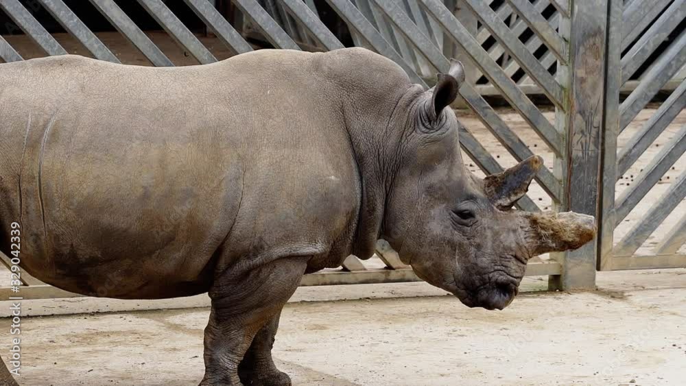 White rhino waiting for food near a wooden fence, within an ecological reserve. Zoological animal concept. White rhino waiting for food near a wooden fence, within an ecological reserve. Zoological animal concept.