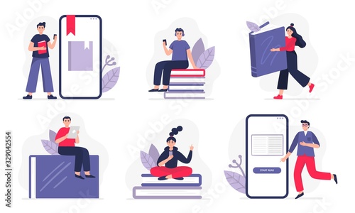 Boys and girls reading paper or electronic books on their phones and tablets. Flat Vector can be used by libraries, apps, landing pages, stores, schools or e-commerce.