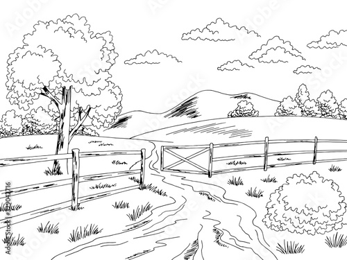 Rural road fence gate graphic black white landscape sketch illustration vector