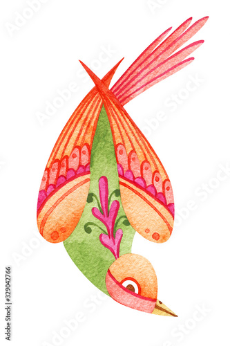 Cute watercolor little paradise bird. Fairytale hand painted illustration. Isolated on white.