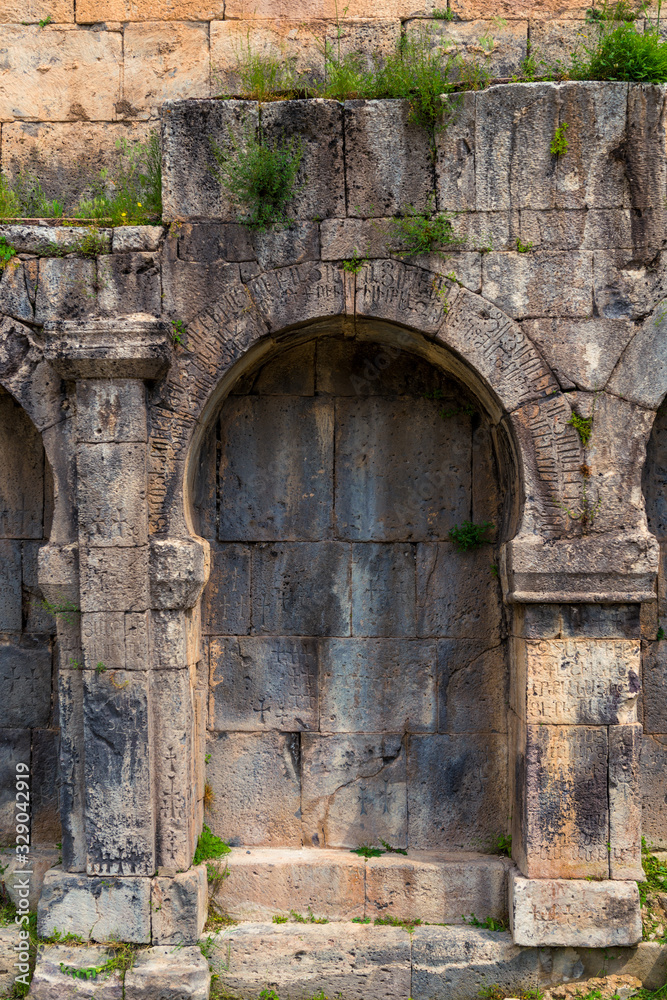 Architectural detail of the wall of Tatev Monastery, Armenia