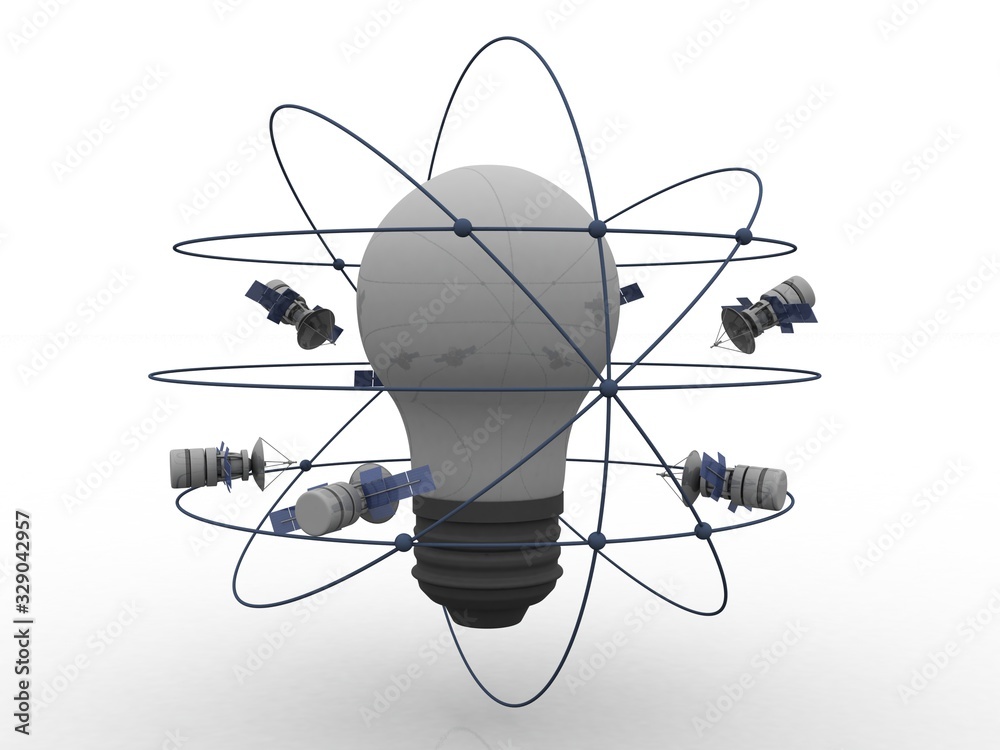 3d illustration Space satellite orbit connected bulb 3d illustration Space satellite orbit connected bulb