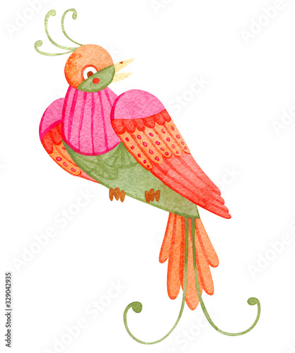 Cute watercolor little paradise bird. Fairytale hand painted illustration. Isolated on white.