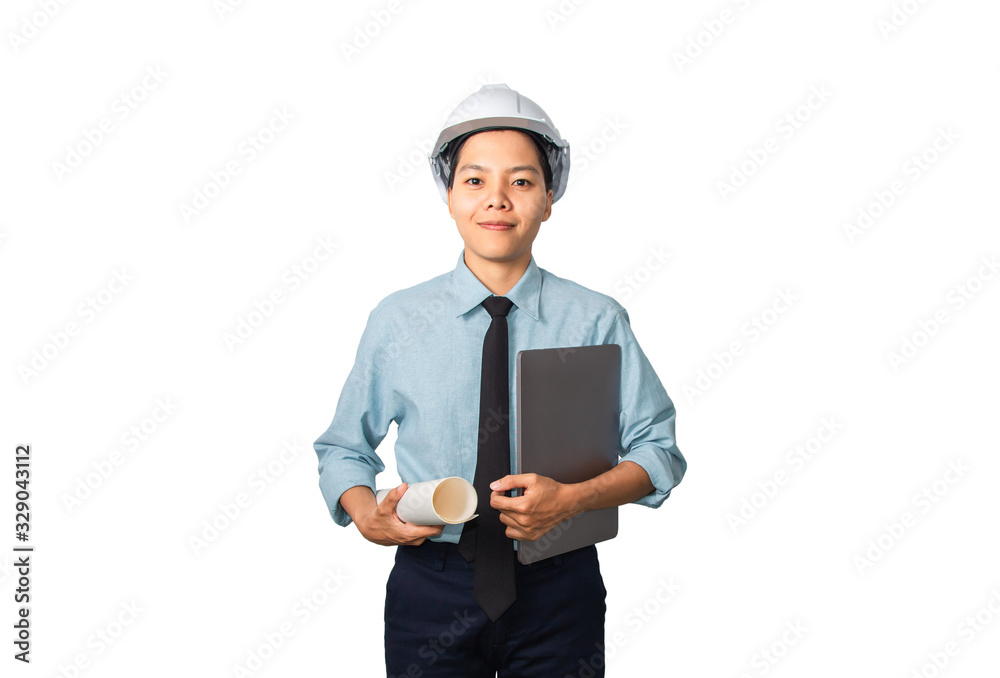 Smiling architecture man in safety hat holding a blueprint and laptop standing isolated white background. Smiling architecture man in safety hat holding a blueprint and laptop standing isolated white background.