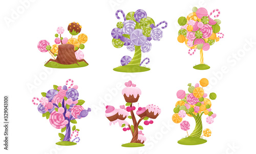 Εκτύπωση καμβά Cartoon Sweet Candy Trees Isolated on White Background Vector Set