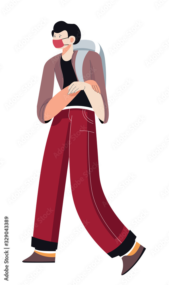 Dirty air breathing, medical protective mask, man with backpack