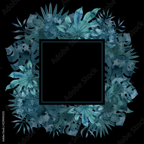 Dark square frame template with watercolor tropical leaves. Exotic hand painted illustration.