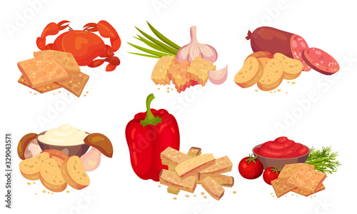 Fototapeta Naklejka Na Ścianę i Meble -  Croutons with Various Flavours Arranged with Products Like Bell Pepper and Garlic Vector Set