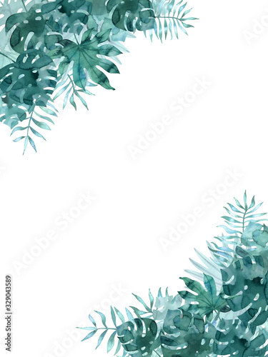 Frame template with watercolor tropical leaves on corners. Exotic hand painted illustration isolated on white.