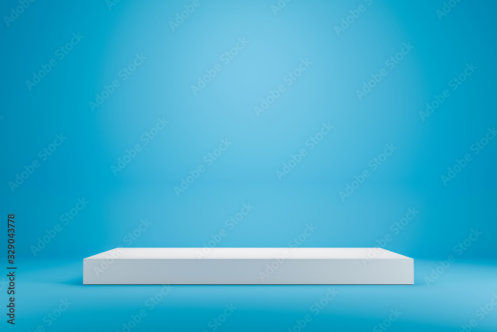 White podium shelf or empty studio display on vivid blue summer background with minimal style. Blank stand for showing product. 3D rendering.