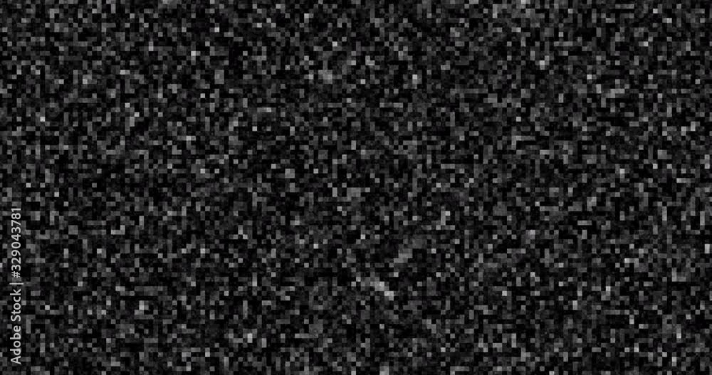 TV noise and pixel effect zoom from small to big. Mosaic effect in black and white. Fractal noise square on black