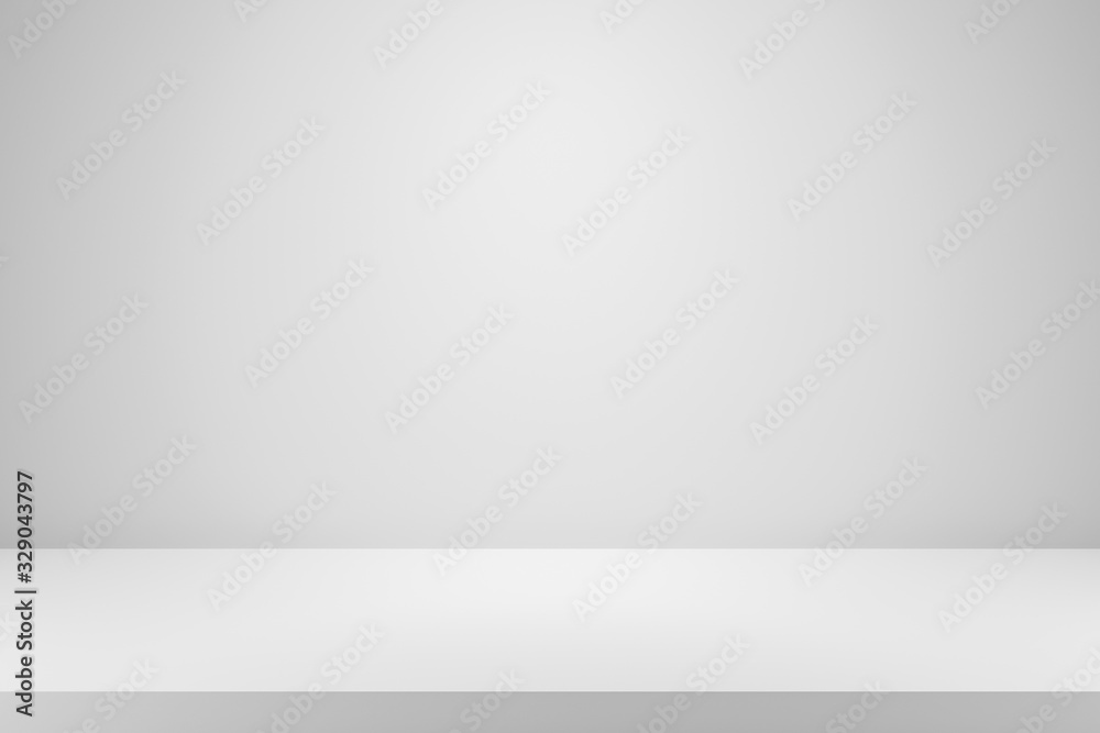Blank white gradient background with product display. White backdrop or empty studio with room floor. 3D rendering.