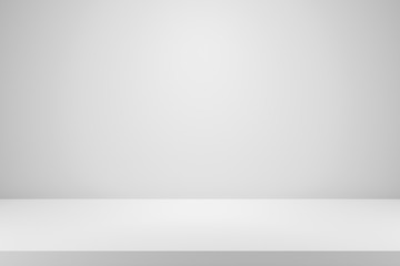 Blank white gradient background with product display. White backdrop or empty studio with room floor. 3D rendering.