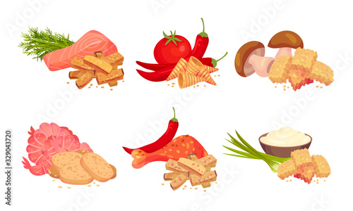 Croutons with Various Flavours Arranged with Products Like Salmon and Shrimp Vector Set