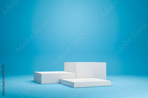 Fototapeta Naklejka Na Ścianę i Meble -  White podium shelf or empty studio display on vivid blue summer background with minimal style. Blank stand for showing product. 3D rendering.