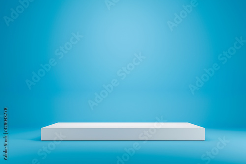 Fototapeta Naklejka Na Ścianę i Meble -  White podium shelf or empty studio display on vivid blue summer background with minimal style. Blank stand for showing product. 3D rendering.