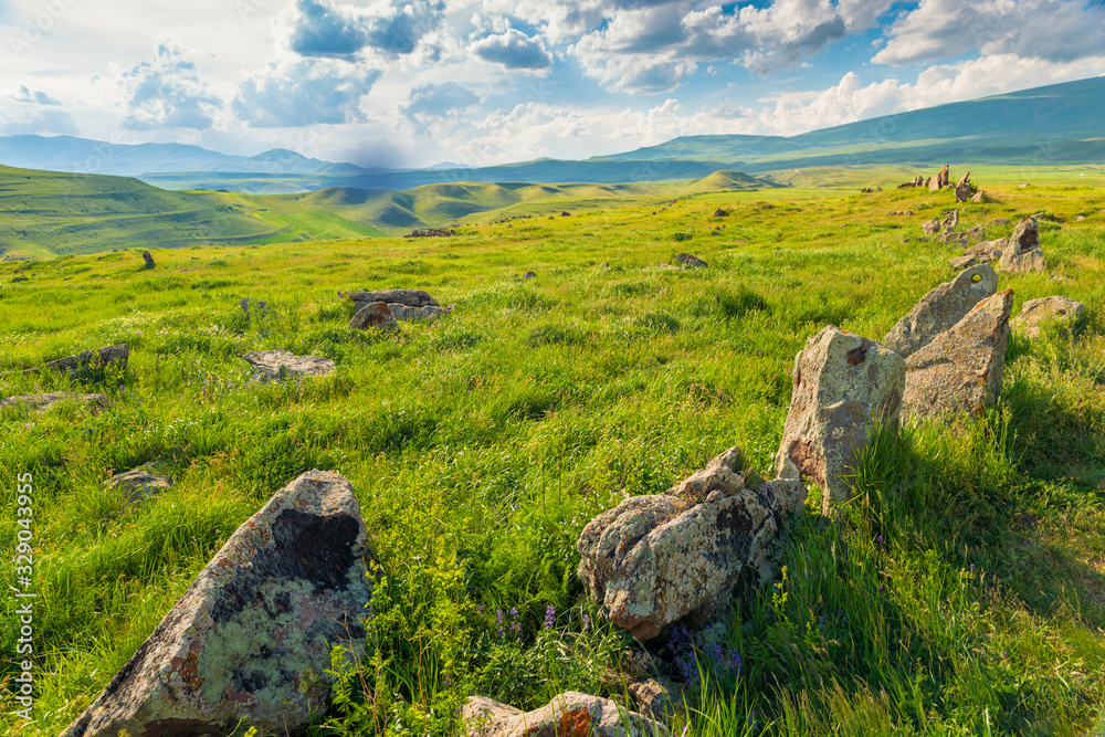 Succulent green field with stones in Armenia against the backdrop of mountains, Zorats Karer, Armenian Stonehenge