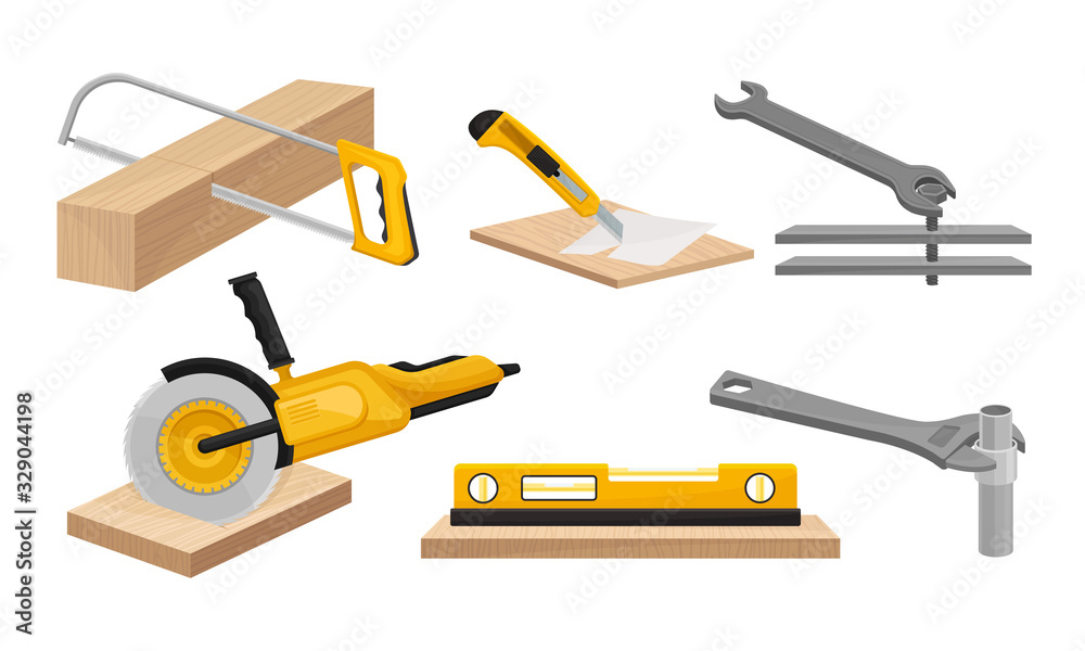 Equipment and Tools for Construction and Repair Works with Level Instrument and Turnscrew Vector Set Equipment and Tools for Construction and Repair Works with Level Instrument and Turnscrew Vector Set