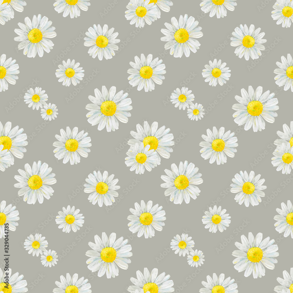 Watercolor hand drawn seamless pattern with wild meadow flower chamomile isolated on beige background. Good for textile, wrapping paper, background, summer design etc.