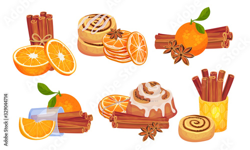 Cinnamon Sticks and Orange Fruit Compositions Vector Set