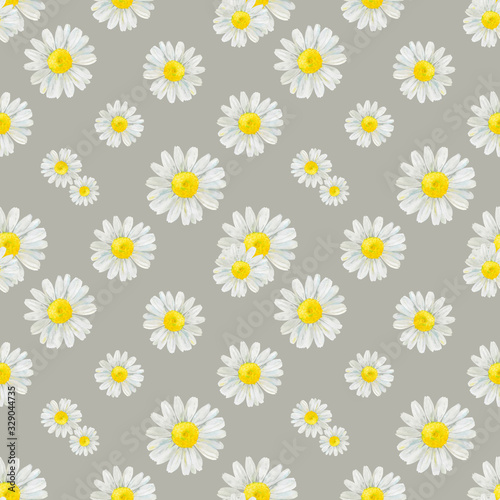 Fototapeta Naklejka Na Ścianę i Meble -  Watercolor hand drawn seamless pattern with wild meadow flower chamomile isolated on beige background. Good for textile, wrapping paper, background, summer design etc.