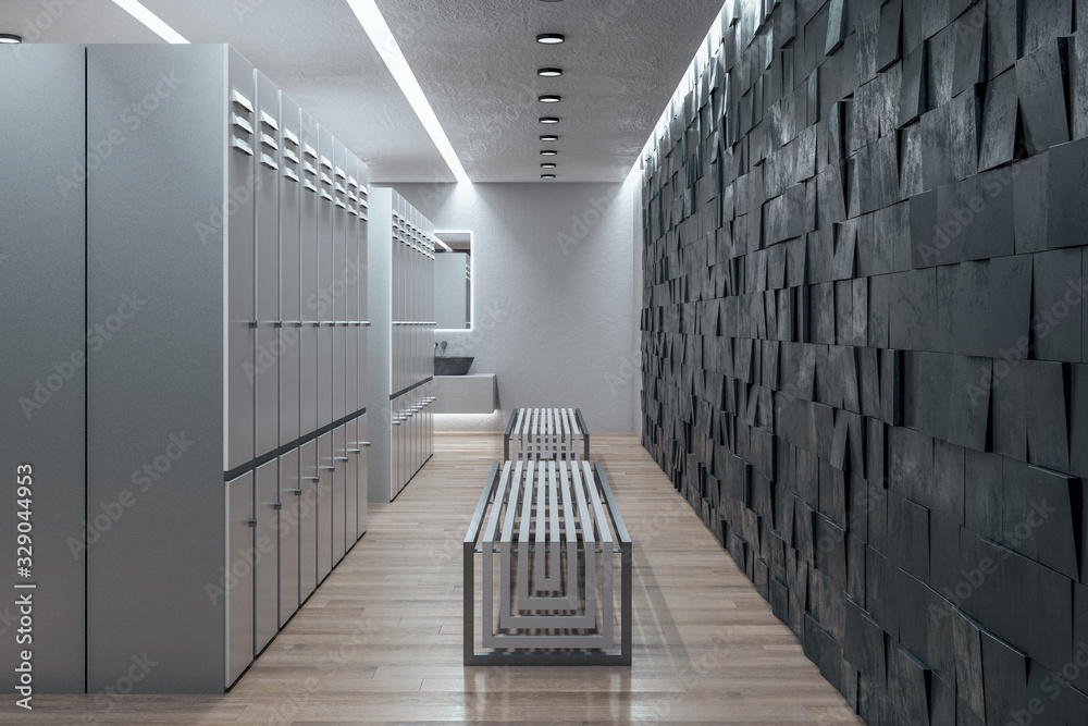 Luxury locker room interior with abstract gray wall.