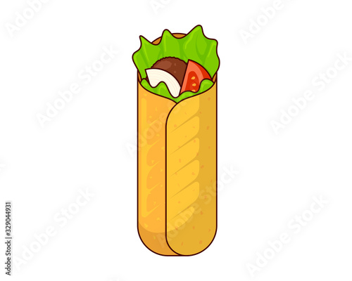 Shawarma fast food meat roll. Arabic eastern toasty doner kebab meal. Cartoon shaurma or burrito flat vector illustration with edging