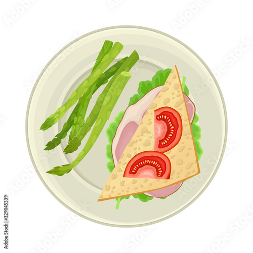 Sandwich Served on Plate with Asparagus Stalks Vector Illustration