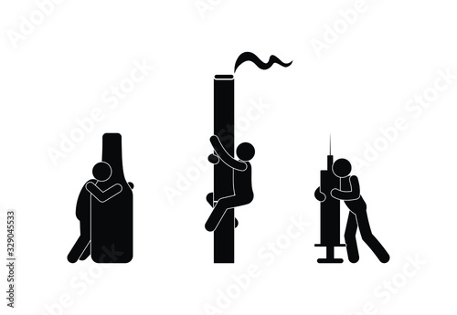 illustration of drug addiction, alcoholism, smoking and heroin addiction pictograms, stick figure man icons