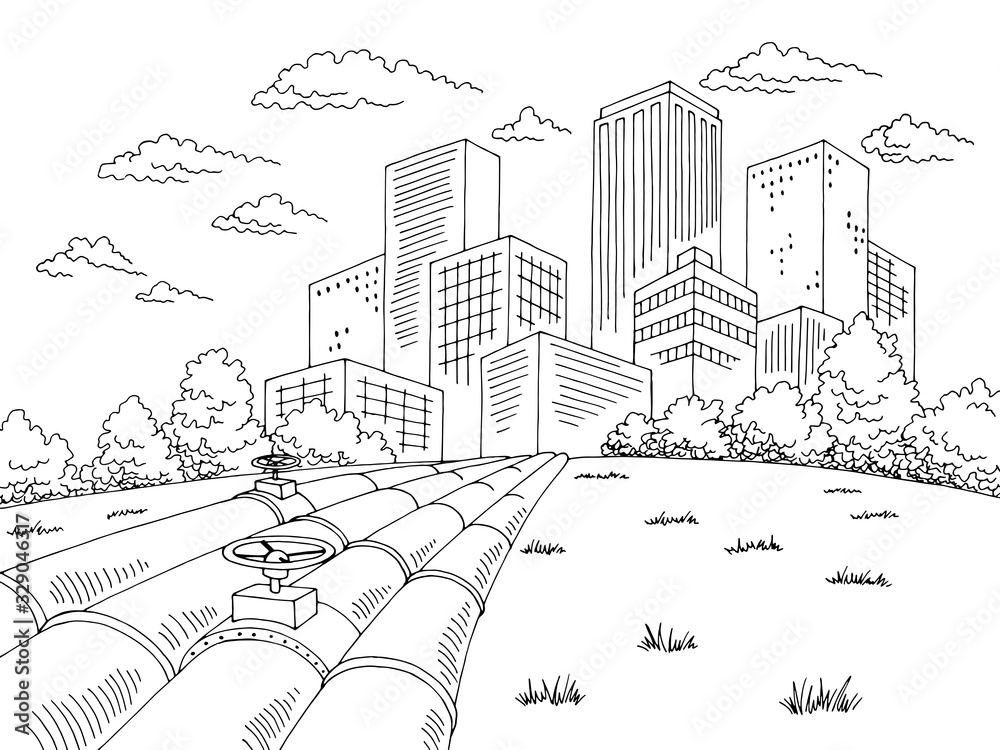 City pipes graphic black white cityscape skyline sketch illustration vector