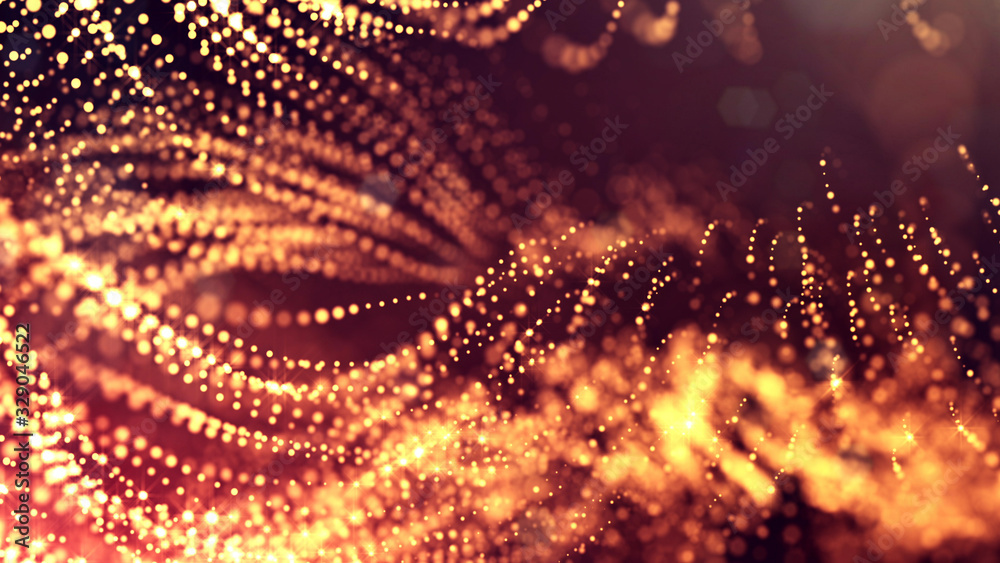 3d render of golden red glow particles in air as science fiction of microcosm or macro world. Abstract sci-fi background with depth of field and glowing particles, bokeh effects.