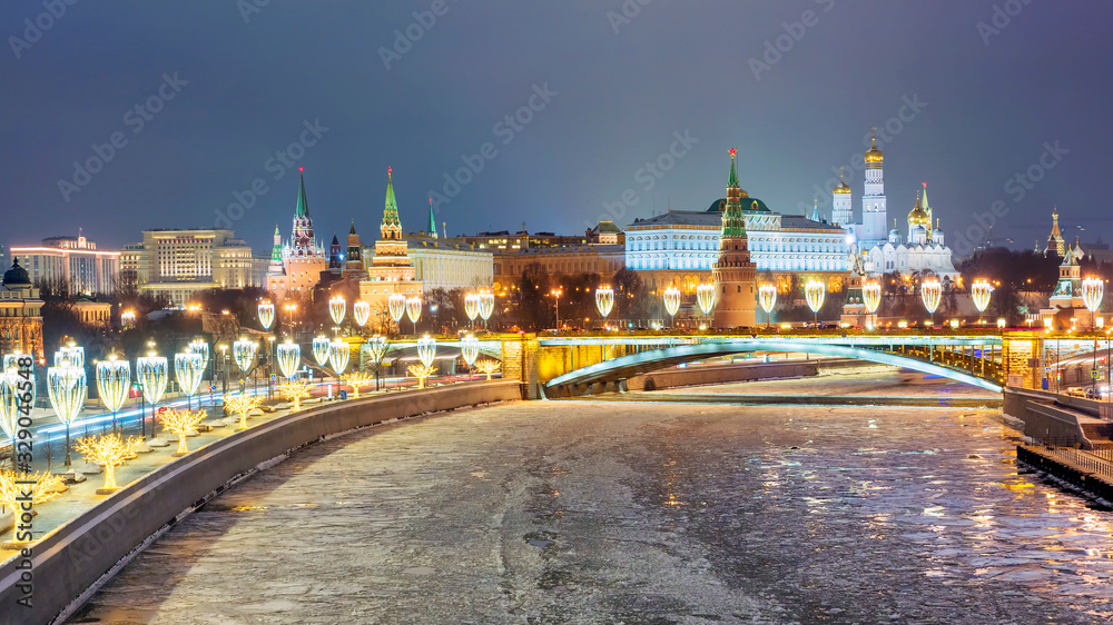 Panorama of winter night Moscow, Russia